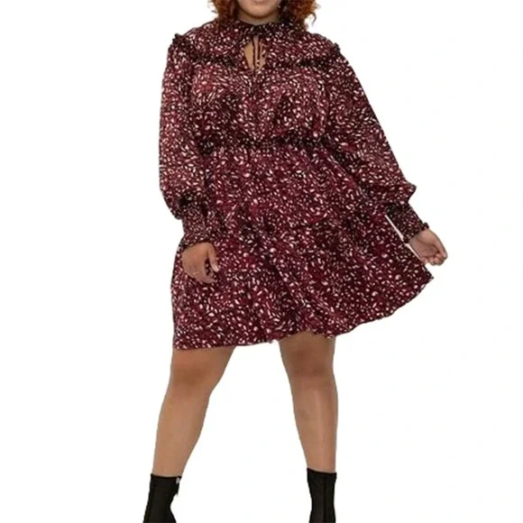 ELOQUII Long Sleeve Floral Print Mini Dress - 14/16 - black, maroon, white - Picture 2 of 8